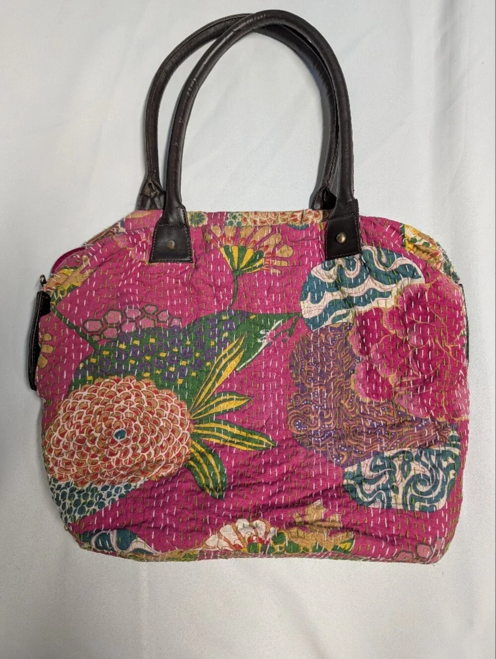 Vintage Quilted Floral Kantha Tote with Multicolor Accents + Leather Straps